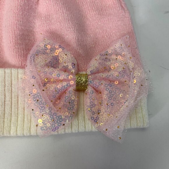 GIRLS Pink Glitter Bow Pom Pom Beenie - Picture 2 of 4